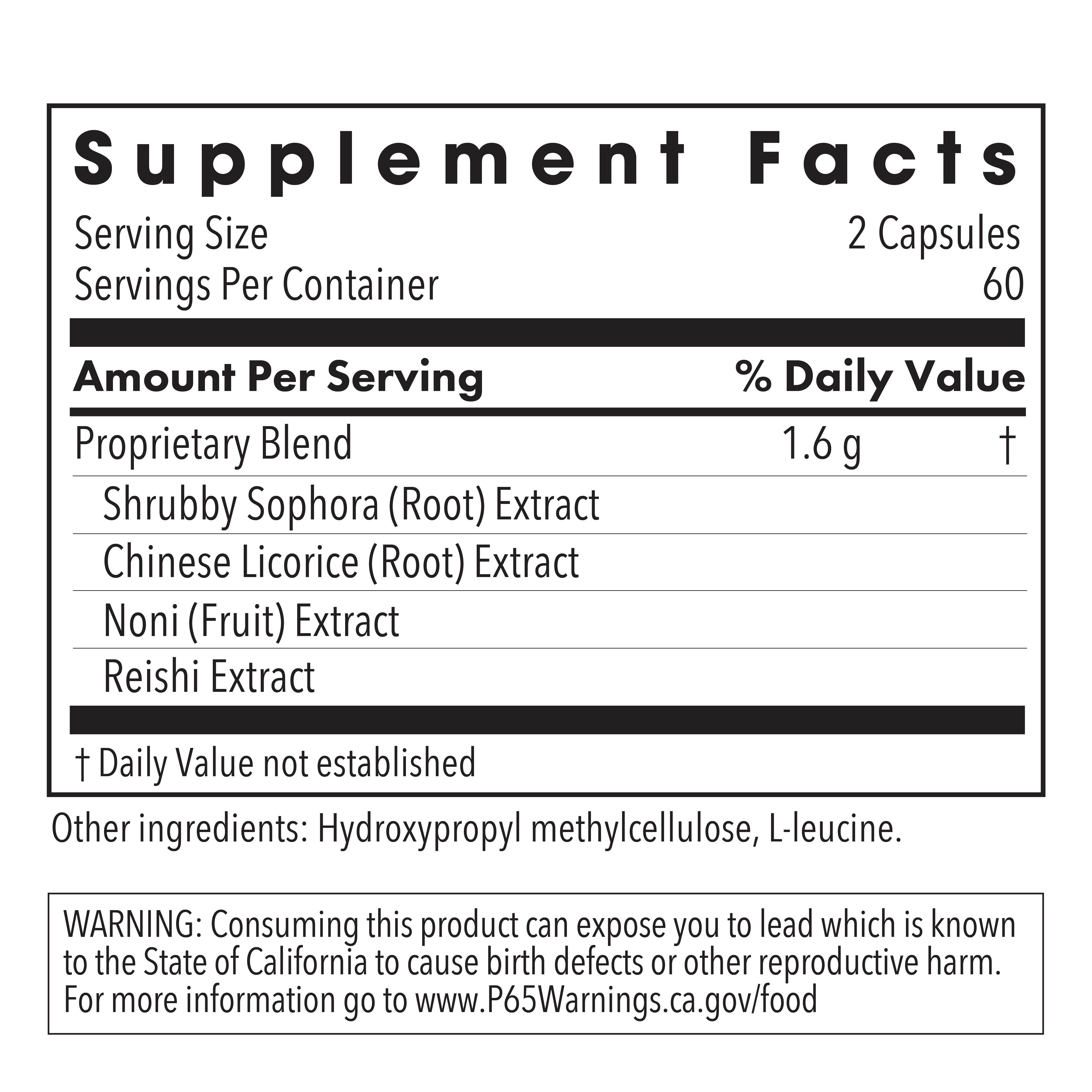 Supplement Facts panel for PhytoCort showing reishi, shrubby sophora, Chinese licorice, and noni extract per serving