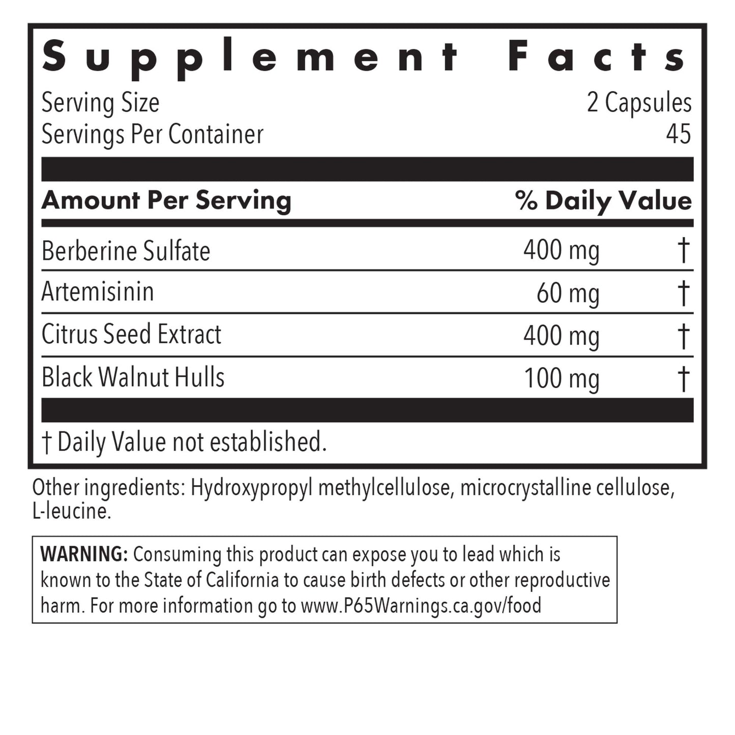 Tricycline® - supplement fact label with Berberine Sulfate, Artemisinin, Citrus Seed Extract and Black Walnut Hulls