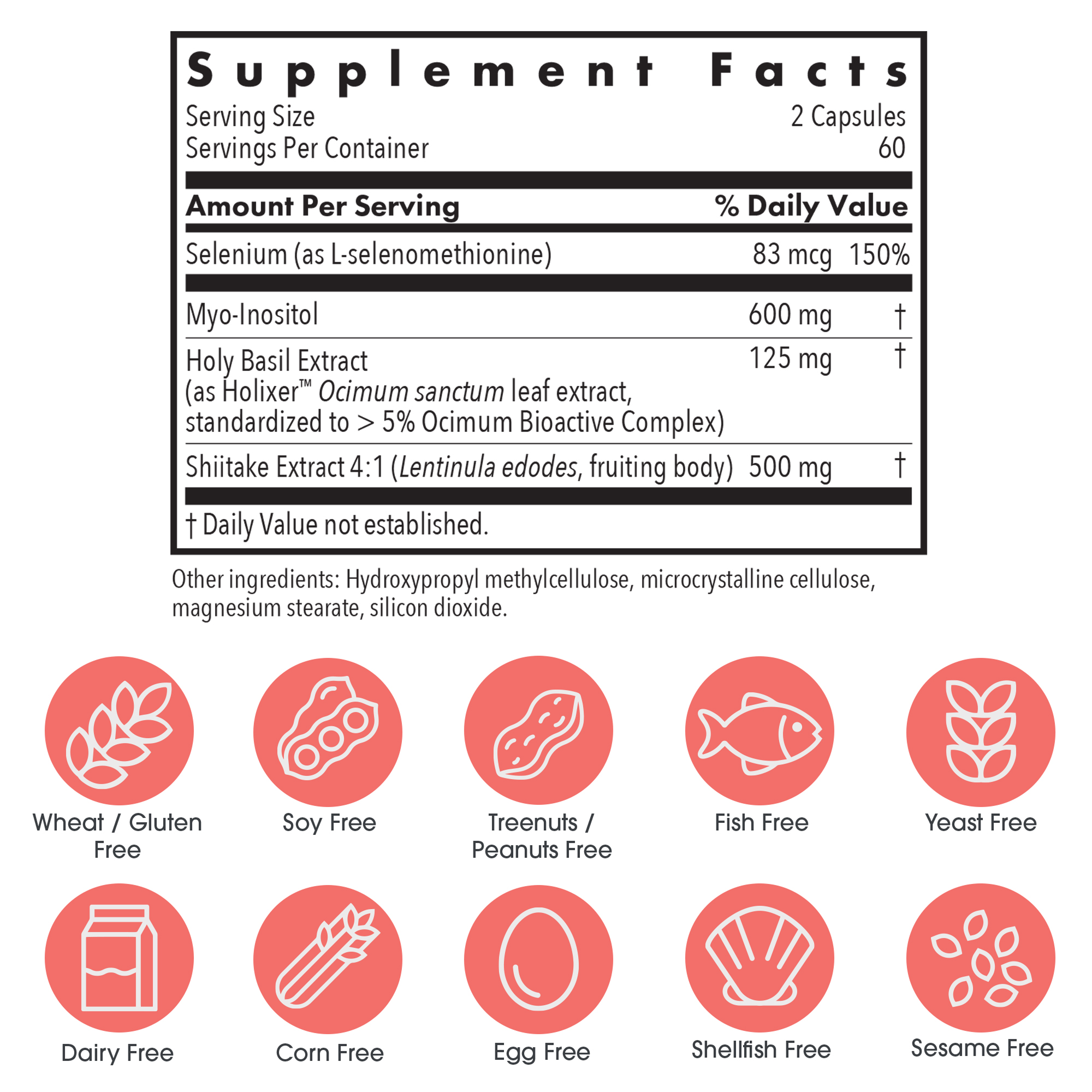 Thyroid Zen Defense supplement facts and allergen-free icon graphic showing selenium, myo-inositol, holy basil, and shiitake