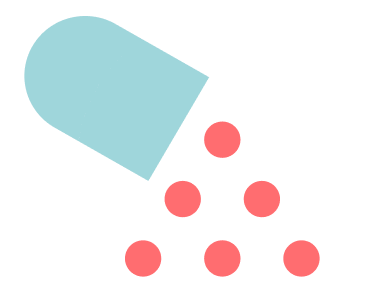 Flat icon of an open capsule with red pellets spilling out, on transparent background - visual element for supplement branding