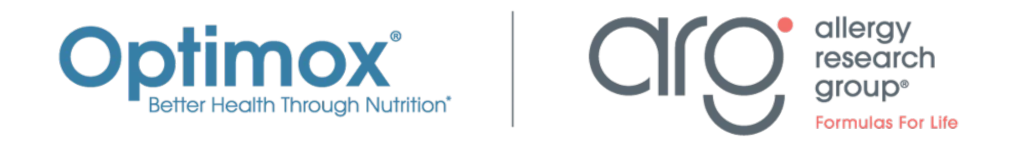 Logos for Optimox (“Better Health Through Nutrition”) and Allergy Research Group (“Formulas For Life”) displayed side by side.
