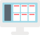 Flat icon of a desktop computer screen displaying a grid layout with colored sections – visual element for supplement branding