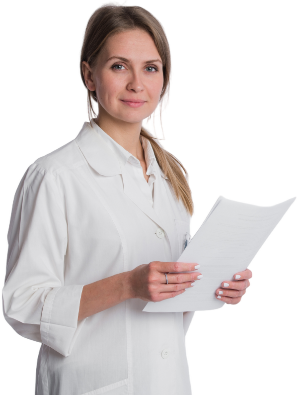 A doctor in a white lab coat holding a document and smiling